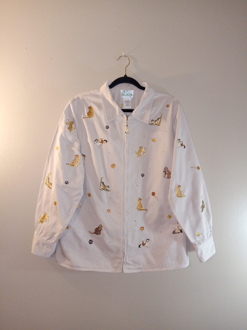 Embroidered Cat Print Tan Jean Jacket - Women